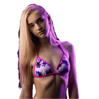 a girl in a floral bikini posing against a black background