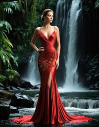 a woman in a red gown standing in front of a waterfall