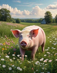 a pig standing in a field of daisies