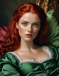 a woman with red hair in a green dress