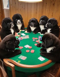 a group of puppies playing poker at a table