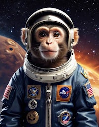 a monkey in a space suit is standing in front of a planet